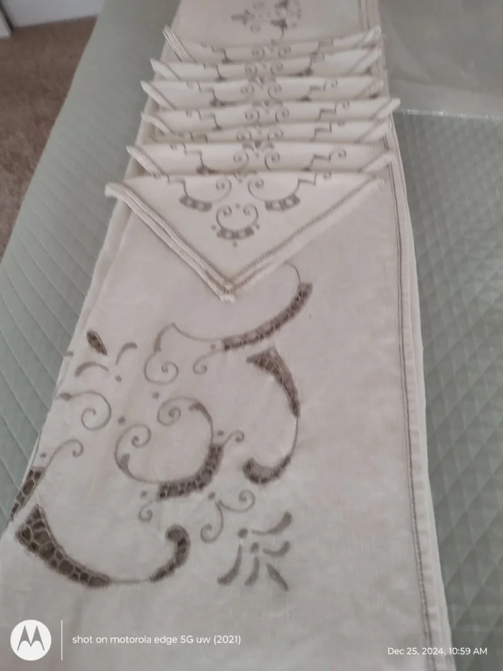 MATOUK 100% LINEN TABLECLOTH EIGHT MATCHING NAPKINS TAUPE EMBROIDEREY ACCENT